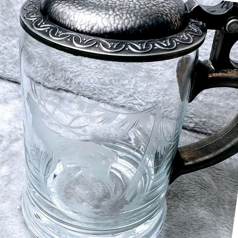Beer Stein Vintage‎ Etched Glass Pewter Lid Stag Deer Forest Scene German Style